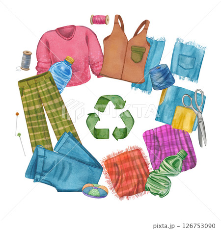 Frame clothing, fabrics, threads, and sewing tools with a recycling symbol in the center. Watercolor illustration the topic sustainable fashion and reuse. Ideal for eco campaigns, zero-waste visuals. Frame clothing, fabrics, threads, and sewing tools with a recycling symbol in the center. Watercolor illustration the topic sustainable fashion and reuse. Ideal for eco campaigns, zero-waste visuals. 126753090