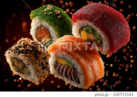 Floating Sushi in Air with Studio Lighting and Dark Background for Commercial Use 126753181