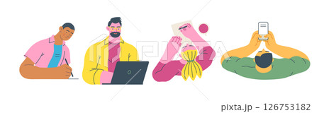Writing people, modern flat vector concept illustrations set people writing on paper or device. Metaphor for reflection, insight, contemplation, creative expression Writing people, modern flat vector concept illustrations set people writing on paper or device. Metaphor for reflection, insight, contemplation, creative expression 126753182