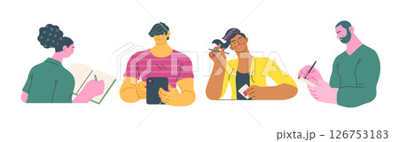 Writing people, modern flat vector concept illustrations set people writing on paper or device. Metaphor for reflection, insight, contemplation, creative expression 126753183