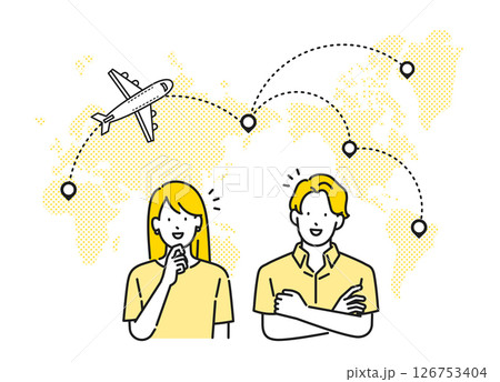 イラスト素材【旅行シーン】:海外旅行のプランを立てる若い男女 イラスト素材【旅行シーン】:海外旅行のプランを立てる若い男女 126753404