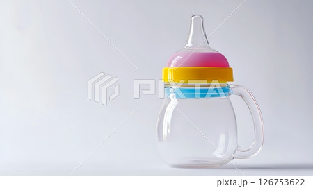 A baby bottle with a pink and yellow lid A baby bottle with a pink and yellow lid 126753622