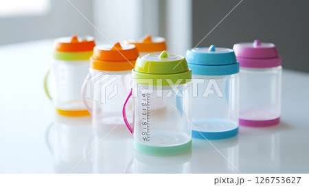A row of colorful plastic cups with a clear plastic lid 126753627
