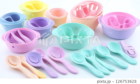A collection of colorful plastic bowls and spoons 126753628