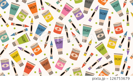 Colorful seamless pattern with crayons, gouache, oil paints, and scattered dots in messy arrangement. Colorful seamless pattern with crayons, gouache, oil paints, and scattered dots in messy arrangement. 126753679