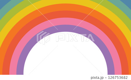 Fun and vibrant poster with round rainbow stripes and central empty area. 126753682