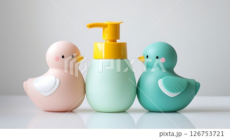 Three birds are sitting on a table with a bottle of soap in between them 126753721