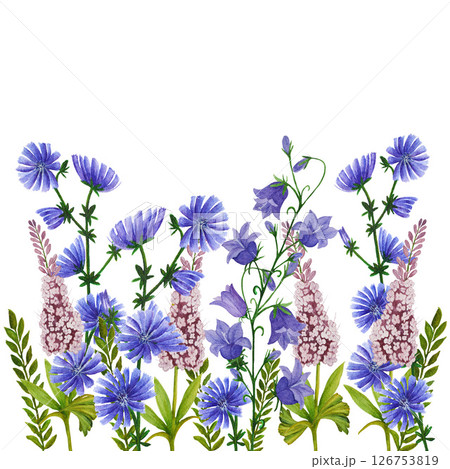 Watercolor border of hand painted colorful wildflowers and botanical greenery. Design for invitation, cards, textile and wallpaper 126753819