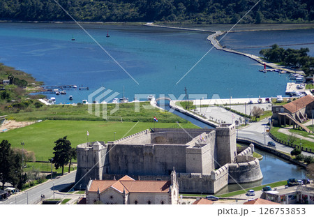 Panoramic view of Ston ancient medieval fortresses. Affordable luxury getaways in Europe Panoramic view of Ston ancient medieval fortresses. Affordable luxury getaways in Europe 126753853