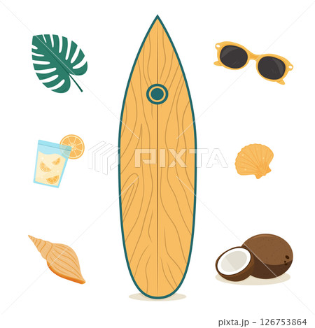 Wooden yellow surfboard with tropical elements and summer accessories 126753864