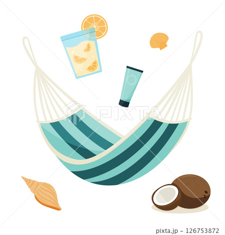 A hammock is surrounded by drinks and seashells, portraying a beach vibe. A hammock is surrounded by drinks and seashells, portraying a beach vibe. 126753872