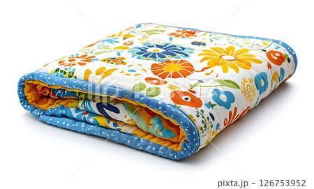A floral blanket is laying on a white background 126753952