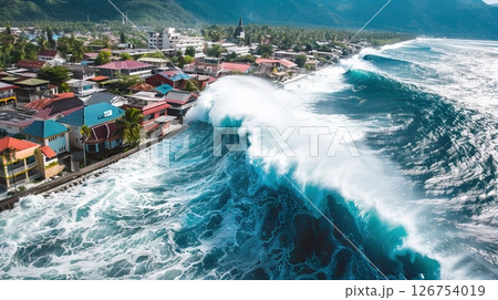 A large ocean wave crashes against a coastal town. Colorful buildings line the shore, with mountains in the background. The scene captures the power of nature and coastal living. 126754019
