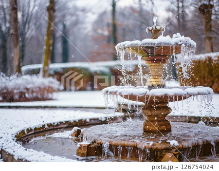 A frozen fountain in a snowy park. Icicles hang from the tiers of the fountain. Snow covers the surrounding trees and ground, creating a winter landscape. 126754024