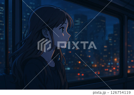 夜の車窓から街を見つめる女性の横顔 126754119