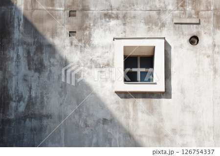 Small square window in textured concrete wall 126754337