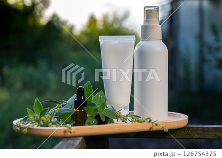 Natural repellent spray and cream mock up with essential oil mint disease prevention. Protection against mosquito bite during summertime. Safety Anti Mosquito skin treatment 126754375