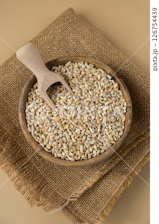 Pearl barley in neutral beige background. Whole spelt grain species. High protein fiber-rich vegan plant based food ingredient. Gluten free superfood healthy nutritional dietary alternative 126754439