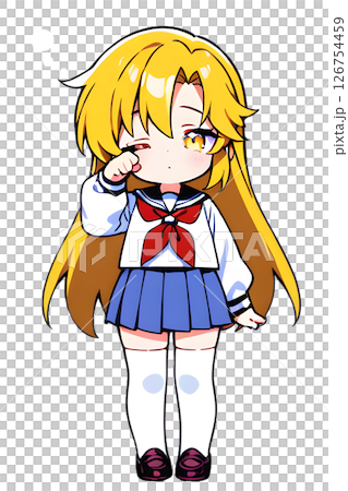 A blonde high school girl in a sailor suit rubbing her eyes sleepily A blonde high school girl in a sailor suit rubbing her eyes sleepily 126754459