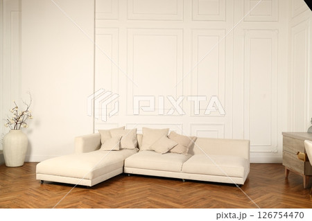 Elegant and Stylish Beige Sofa in a Minimalist Living Room Setting Filled with Modern Decor Elegant and Stylish Beige Sofa in a Minimalist Living Room Setting Filled with Modern Decor 126754470