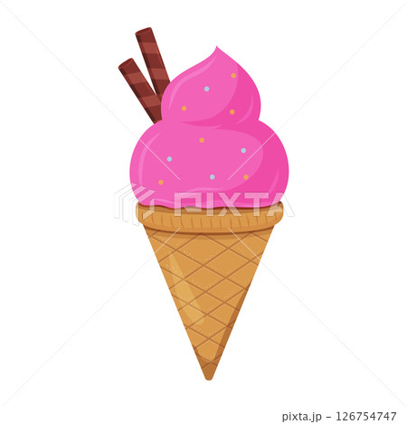 Sweet pink ice cream cone with chocolate sticks and sprinkles on top 126754747