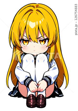 体育座りしながら怒る金髪セーラー服女子高生 126754883