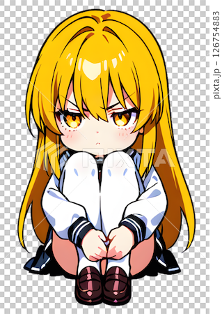 体育座りしながら怒る金髪セーラー服女子高生 126754883