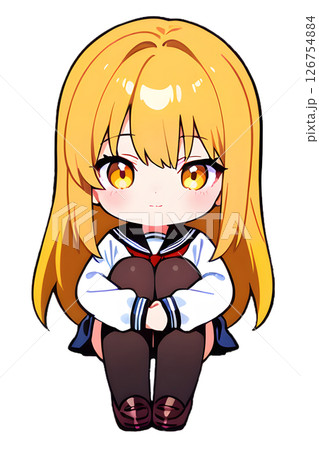 体育座りしながら微笑む金髪セーラー服女子高生 126754884
