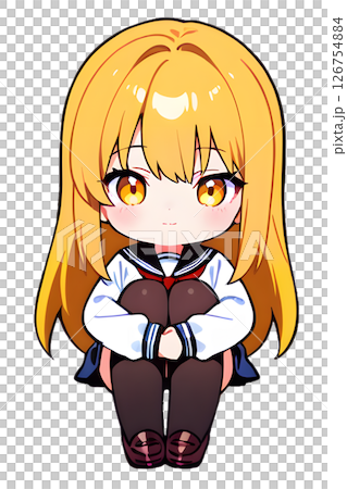 体育座りしながら微笑む金髪セーラー服女子高生 126754884