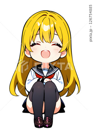 体育座りしながら目を閉じつつ笑顔の金髪セーラー服女子高生 126754885