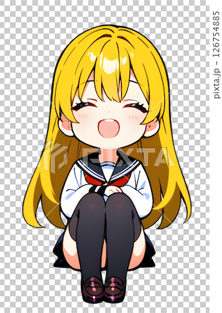 体育座りしながら目を閉じつつ笑顔の金髪セーラー服女子高生 126754885