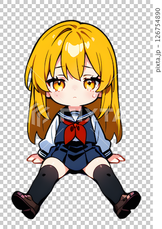 A tired blonde high school girl in a sailor suit sits on the ground 126754890