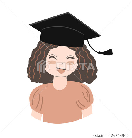 Happy cute little kid girl graduate from school. Smiling kindergarten girl in graduate hat. Vector icon illustration 126754900