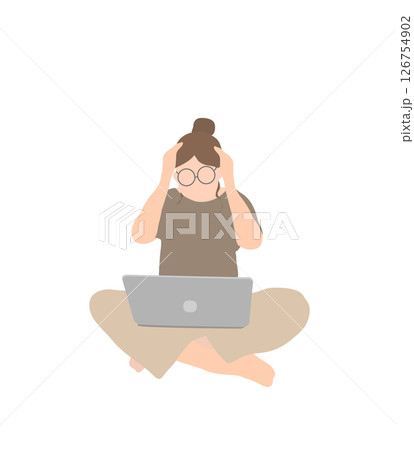 頭を抱えて悩む在宅ワーカー女性（茶系・眼鏡あり） 126754902