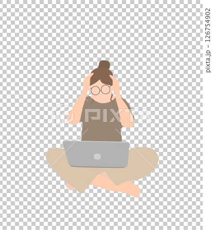 頭を抱えて悩む在宅ワーカー女性（茶系・眼鏡あり） 126754902