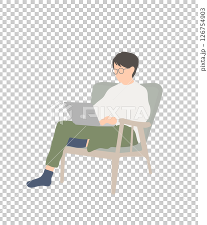 椅子に座ってパソコン作業をする在宅ワーカー男性(白シャツ・眼鏡あり) 椅子に座ってパソコン作業をする在宅ワーカー男性(白シャツ・眼鏡あり) 126754903
