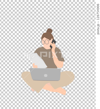 電話対応しながら資料を見る在宅ワーカー女性（茶系・眼鏡あり） 126754906