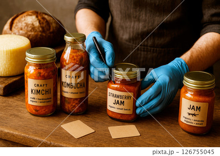 Food artisan labeling small-batch kimchi, kombucha and strawberry jam in a rustic kitchen setting Food artisan labeling small-batch kimchi, kombucha and strawberry jam in a rustic kitchen setting 126755045