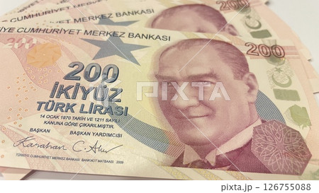 Turkish 200 lira banknotes, financial currency concept, macro view of Turkish money, economy 126755088