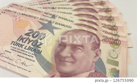 Turkish 200 lira banknotes, financial currency concept, macro view of Turkish money, economy Turkish 200 lira banknotes, financial currency concept, macro view of Turkish money, economy 126755090