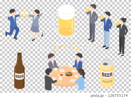 Illustration set of male and female business people drinking beer Illustration set of male and female business people drinking beer 126755174