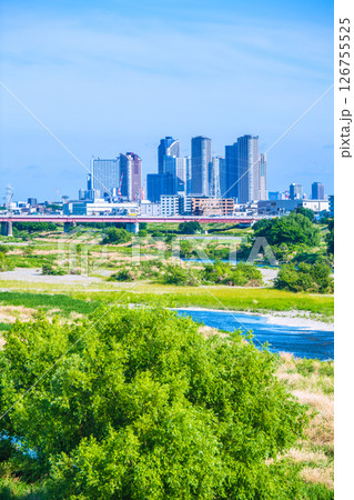 日本の東京都市景観5月28日…多摩川や川崎・武蔵小杉駅前のタワーマンション群など望む＝令和7年 126755525