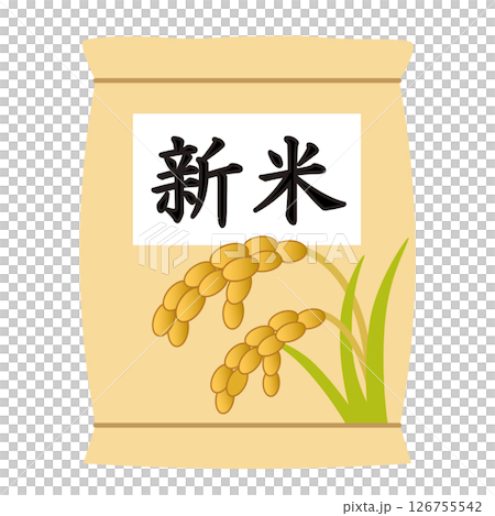 米袋中新收穫的大米的插圖，帶有手繪稻穗圖案 126755542