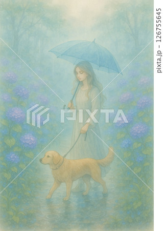 雨に濡れる紫陽花と犬の散歩 126755645