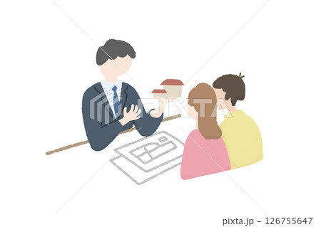 マイホームの設計について説明をする設計士もしくは営業マンと聞き入る夫婦 暮らしのイラスト 工務店工程 マイホームの設計について説明をする設計士もしくは営業マンと聞き入る夫婦 暮らしのイラスト 工務店工程 126755647
