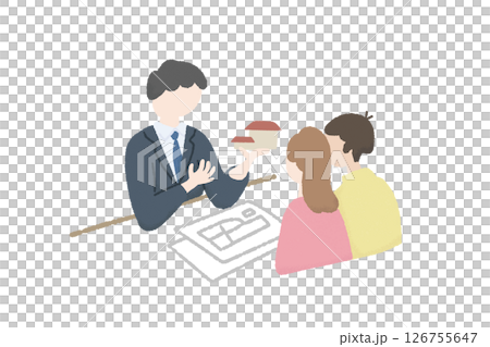 一對夫婦專心聽建築師或銷售員講解他們的房屋設計 日常生活插圖 建築公司流程 126755647