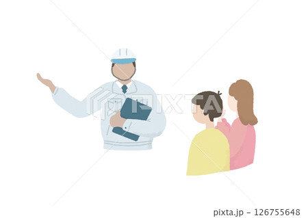 新築の工事現場に立ち会う夫婦と説明する現場監督　暮らしのイラスト　工務店の工程 126755648