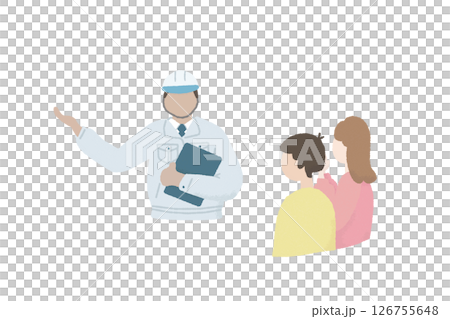 A couple attending a new construction site and a site supervisor explaining the process Illustration of Life Construction company's process A couple attending a new construction site and a site supervisor explaining the process Illustration of Life Construction company's process 126755648