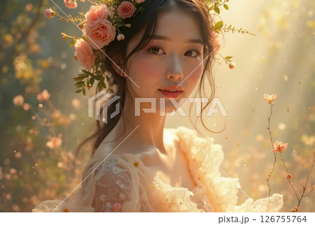 Beautiful girl with long hair wearing a flower crown 126755764