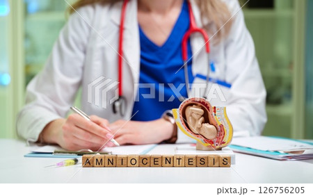 The Amniocentesis Procedure takes place in a medical setting with a qualified doctor present 126756205